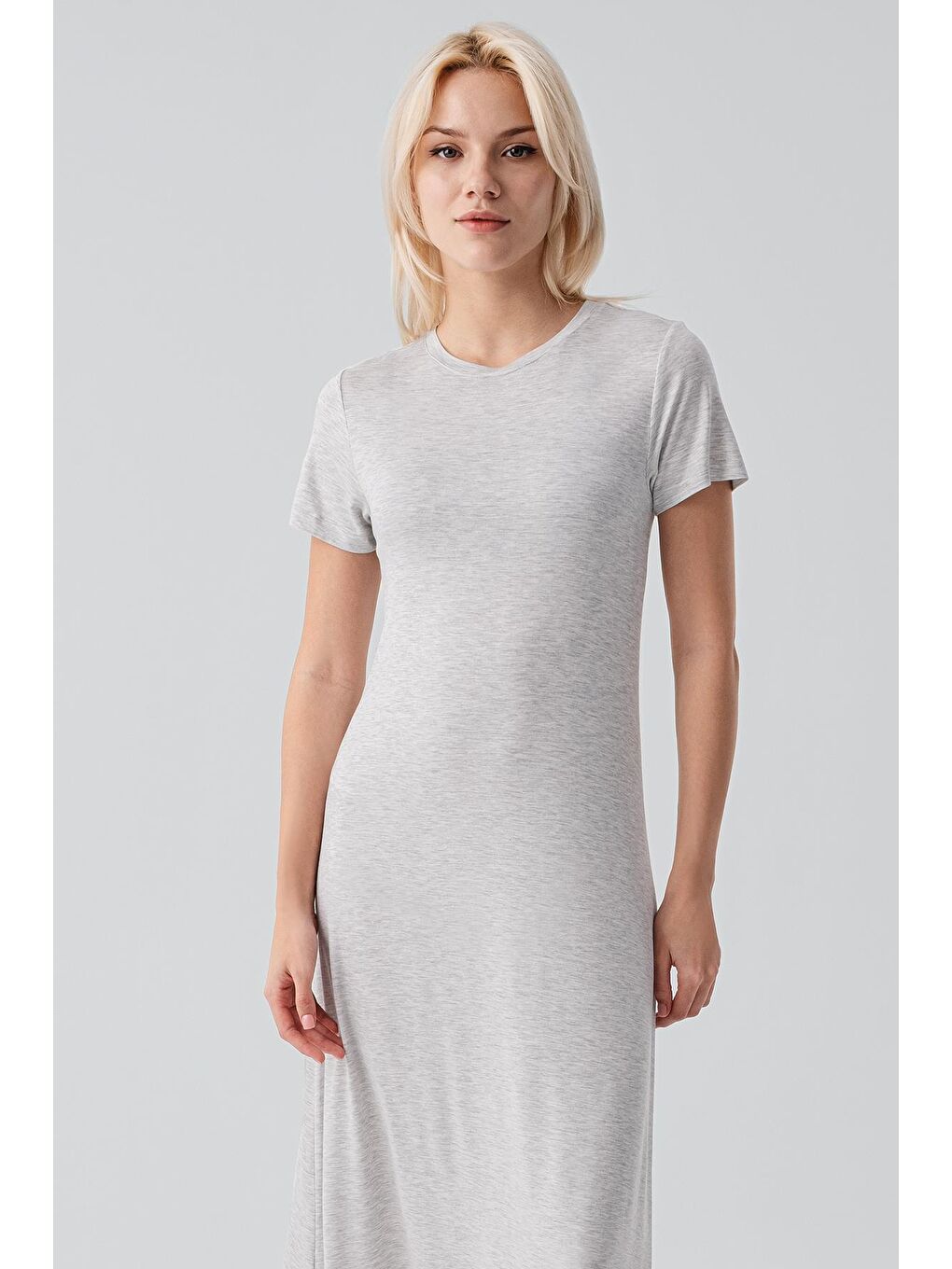 Gri Kısa Kollu Uzun Basic Rahat Günlük Elastanlı Esnek Viskoz Soft Elbise 19110-2