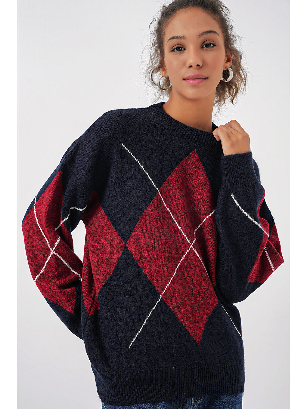 15895 Baklava Desenli Oversize Triko Kazak - B.Lacivert-2