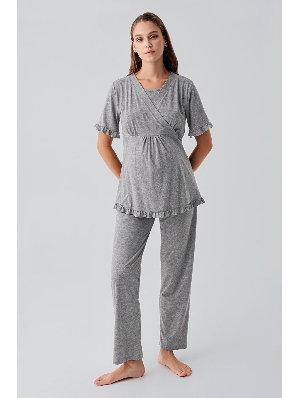 Gri Kısa Kollu Emzirme Bölmeli Ayarlanabilir Bel Pamuklu Hamile Pijama Takım 19218