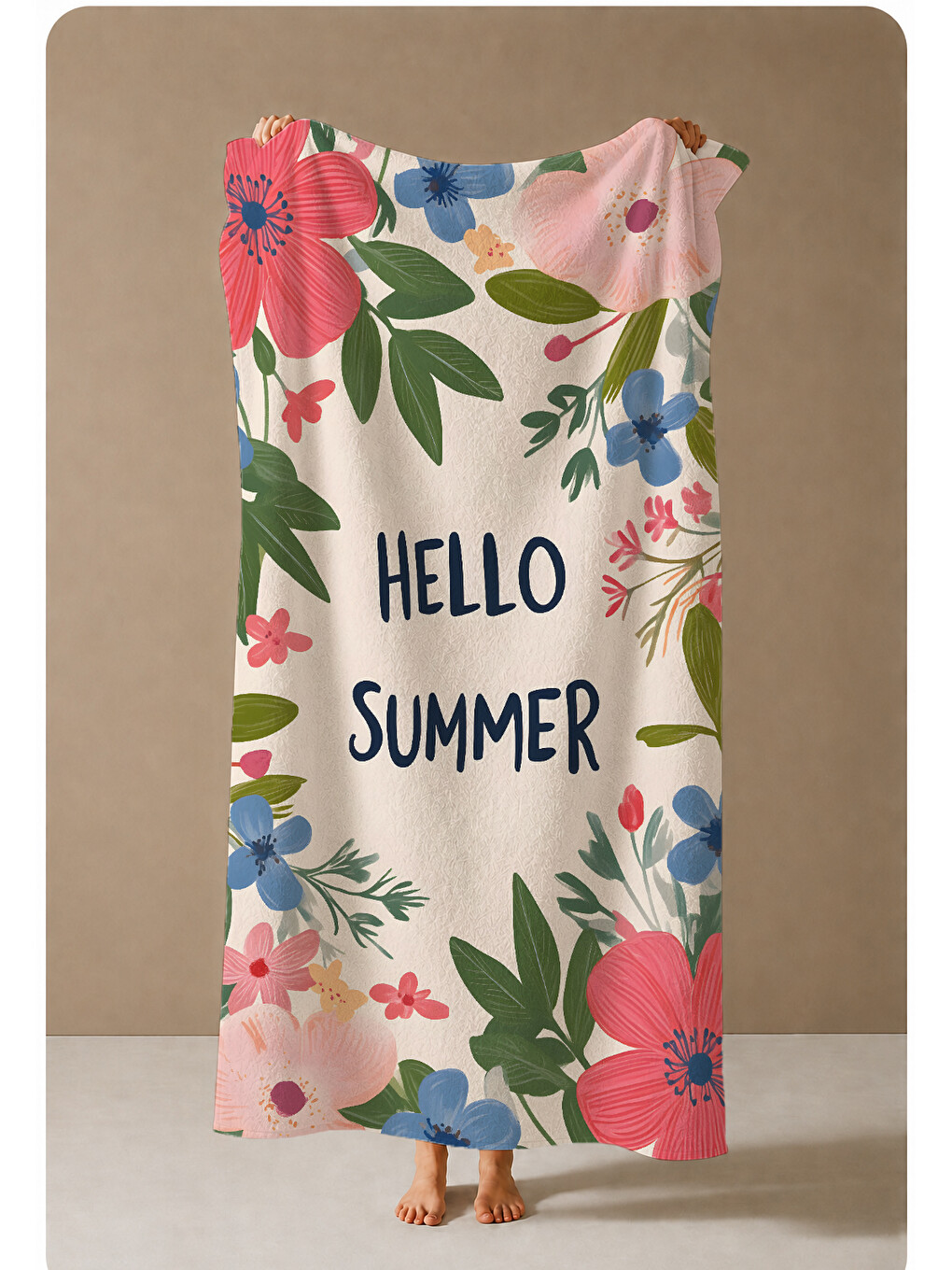 Pembe Botanik Hello Yazılı Çiçek Desenli 70x150 Cm Dijital Baskılı Plaj Ve Banyo Havlusu-3