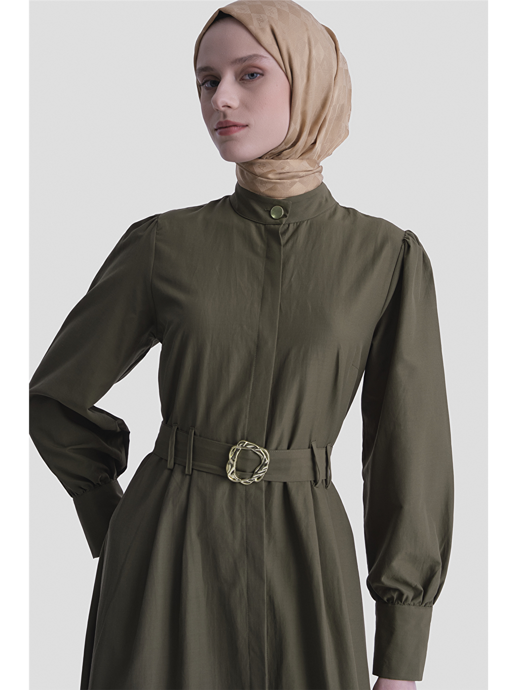 Gold Düğmeli Kemerli Poplin Elbise Haki-2