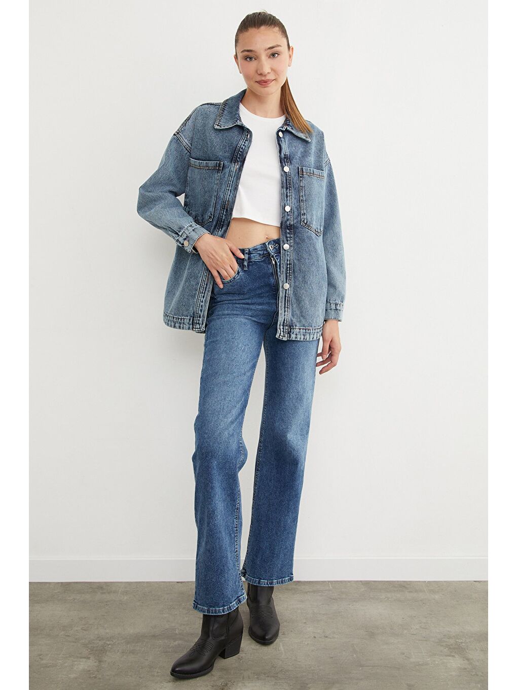 Mavi Çift Cepli Çıtçıtlı Oversize Jean Ceket-1