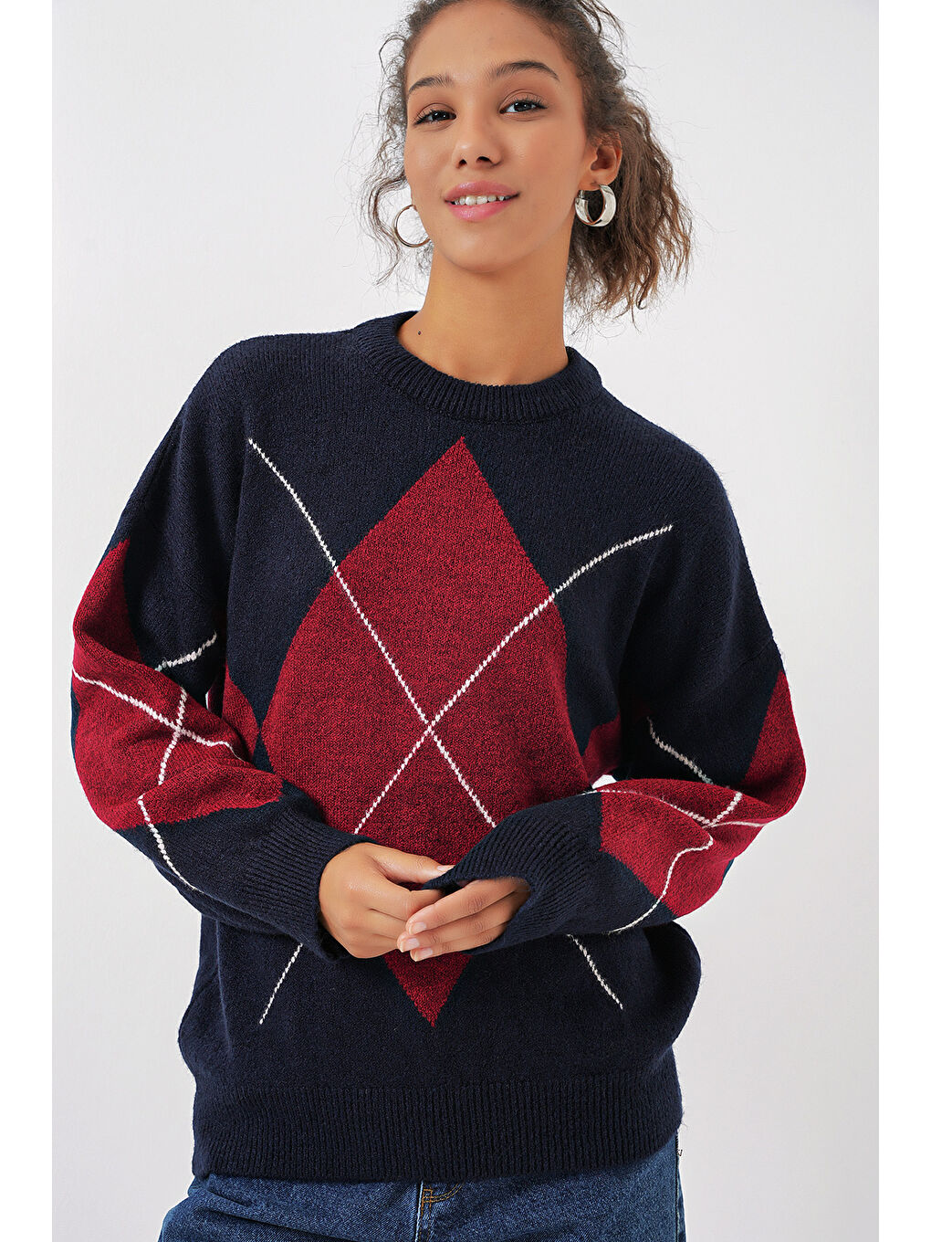 15895 Baklava Desenli Oversize Triko Kazak - B.Lacivert-3