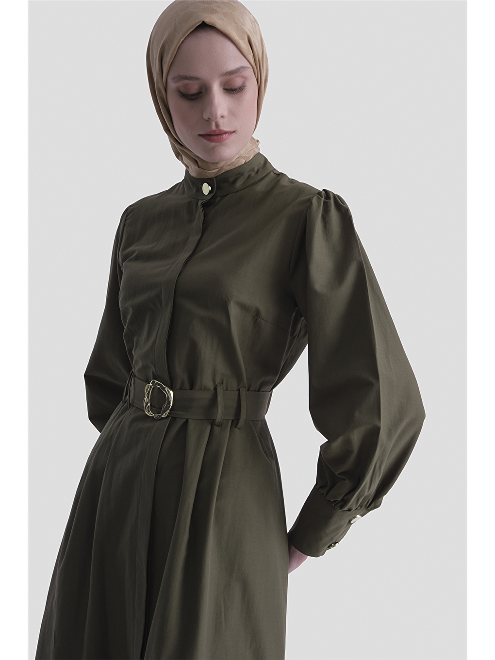 Gold Düğmeli Kemerli Poplin Elbise Haki-3