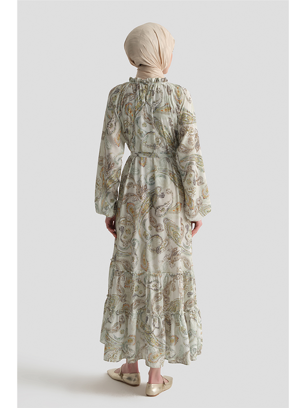 Şal Desenli Elbise Beyaz-10