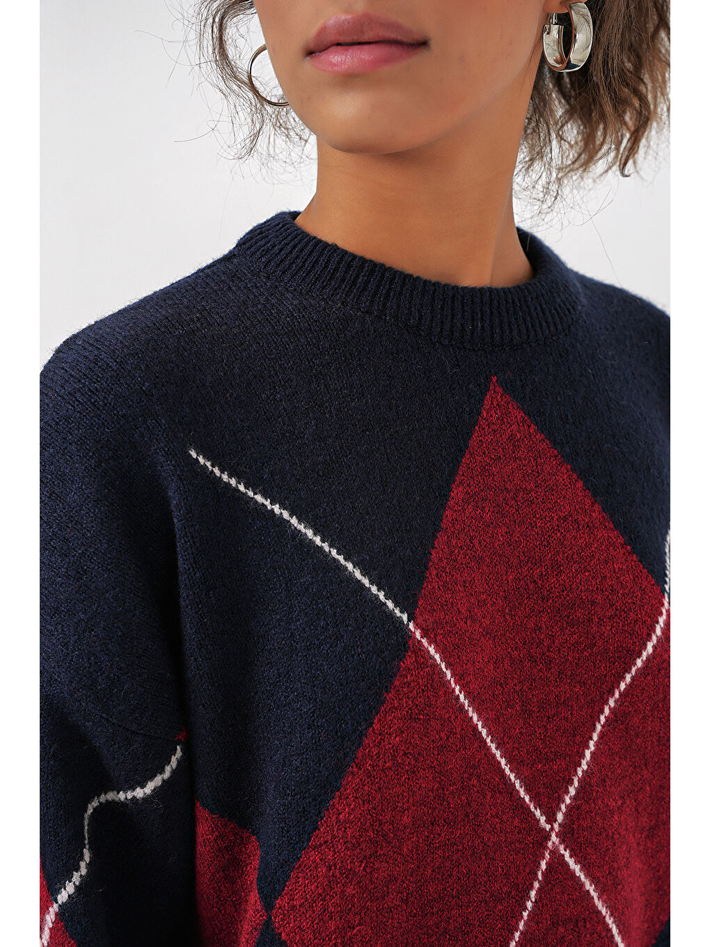 15895 Baklava Desenli Oversize Triko Kazak - B.Lacivert-4