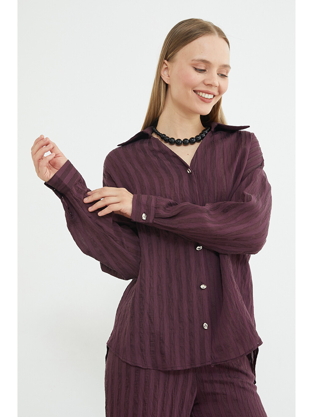 Mürdüm Şeritli Arkası Uzun Oversize 2 Li Takım-3