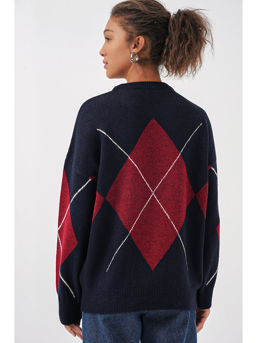 15895 Baklava Desenli Oversize Triko Kazak - B.Lacivert-5