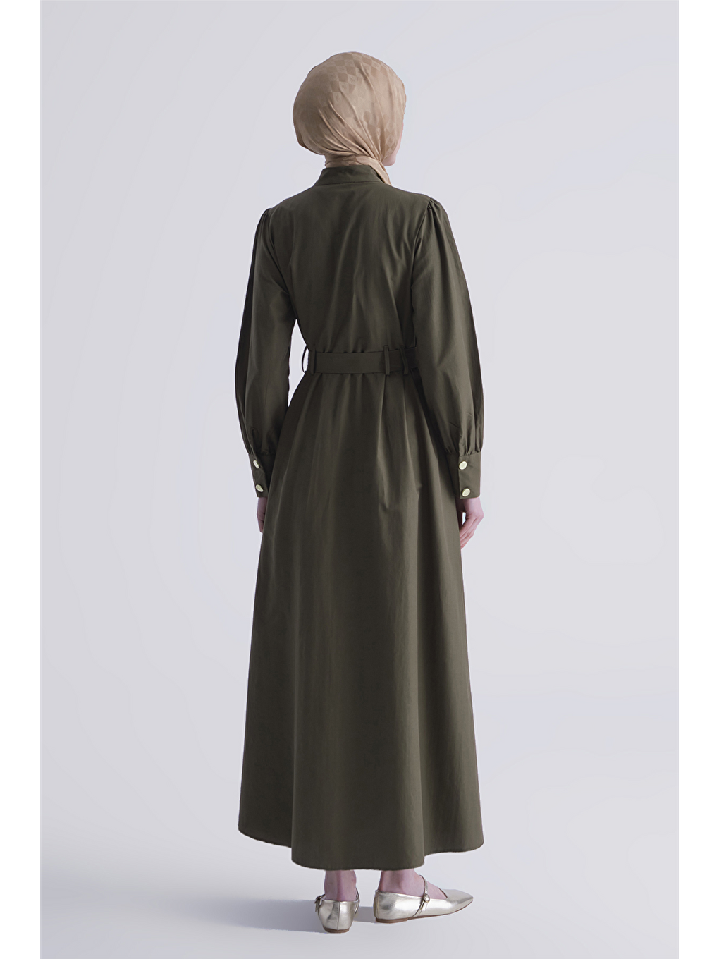 Gold Düğmeli Kemerli Poplin Elbise Haki-4
