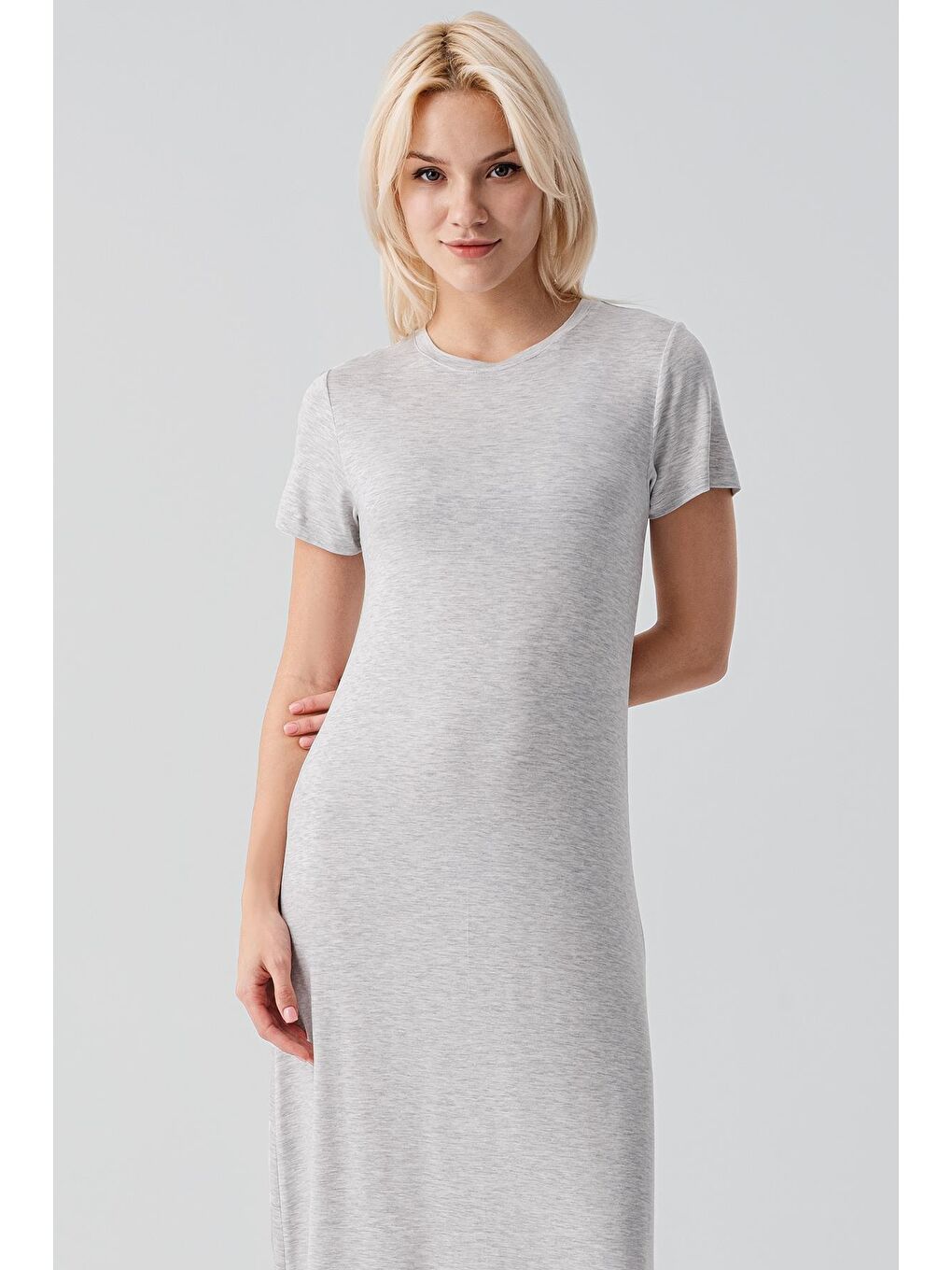 Gri Kısa Kollu Uzun Basic Rahat Günlük Elastanlı Esnek Viskoz Soft Elbise 19110-3