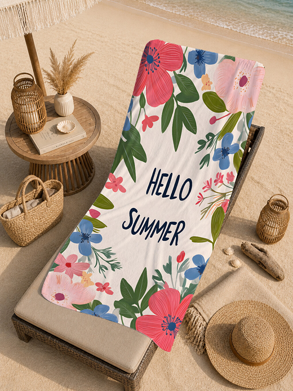 Pembe Botanik Hello Yazılı Çiçek Desenli 70x150 Cm Dijital Baskılı Plaj Ve Banyo Havlusu-4