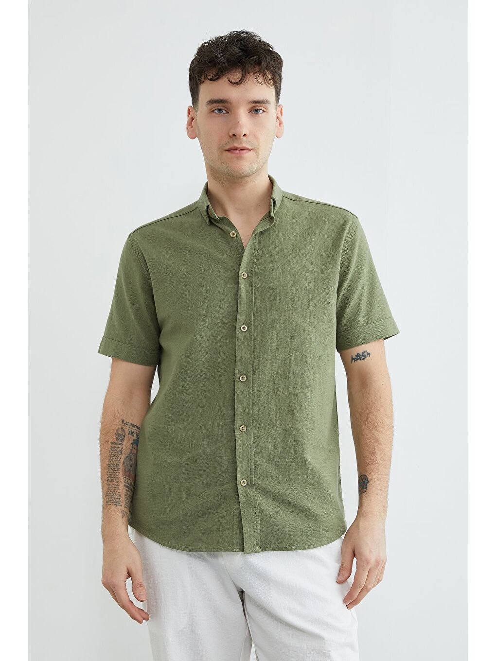 Haki Keten Görünümlü Kısa Kol Gömlek-2