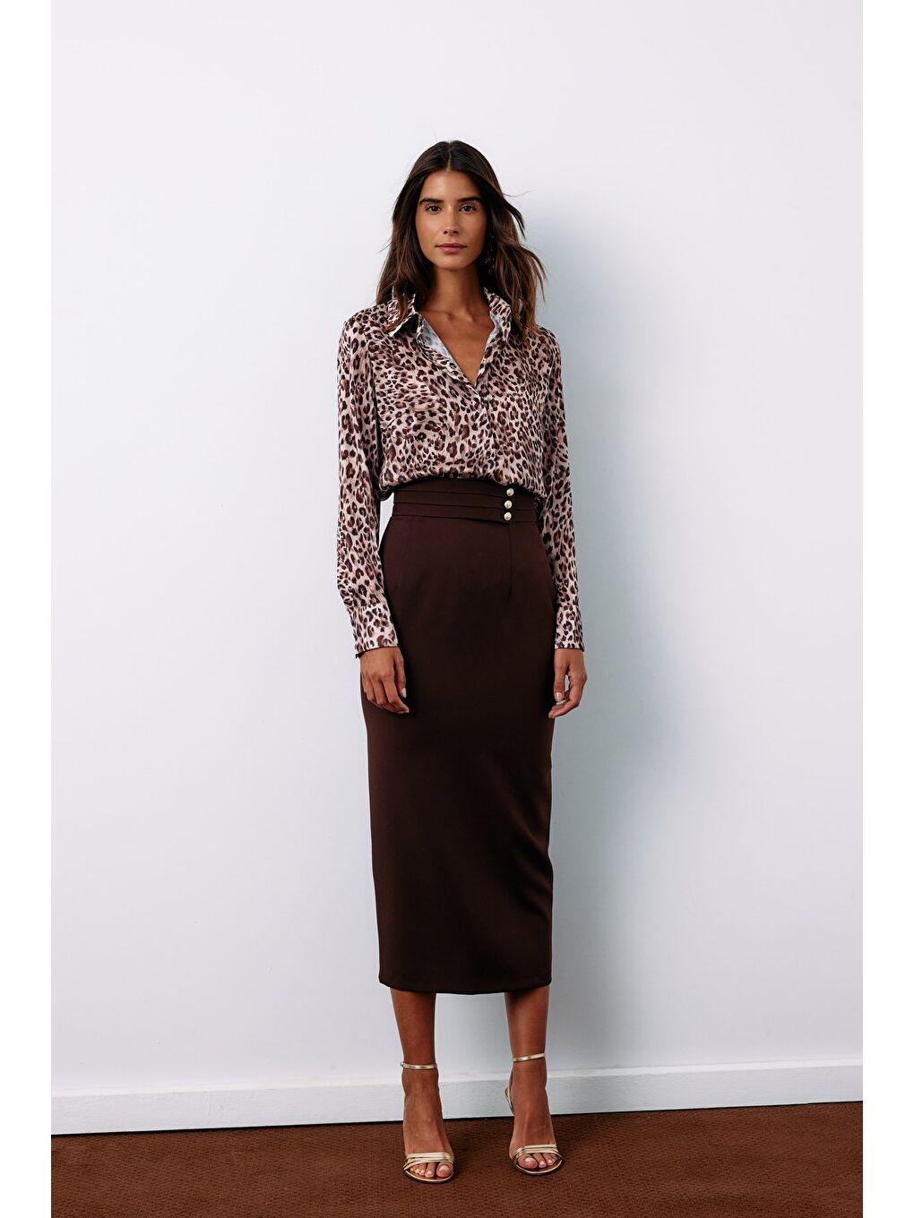 Kahverengi Düğme Detaylı Midi Etek - Kahve-1
