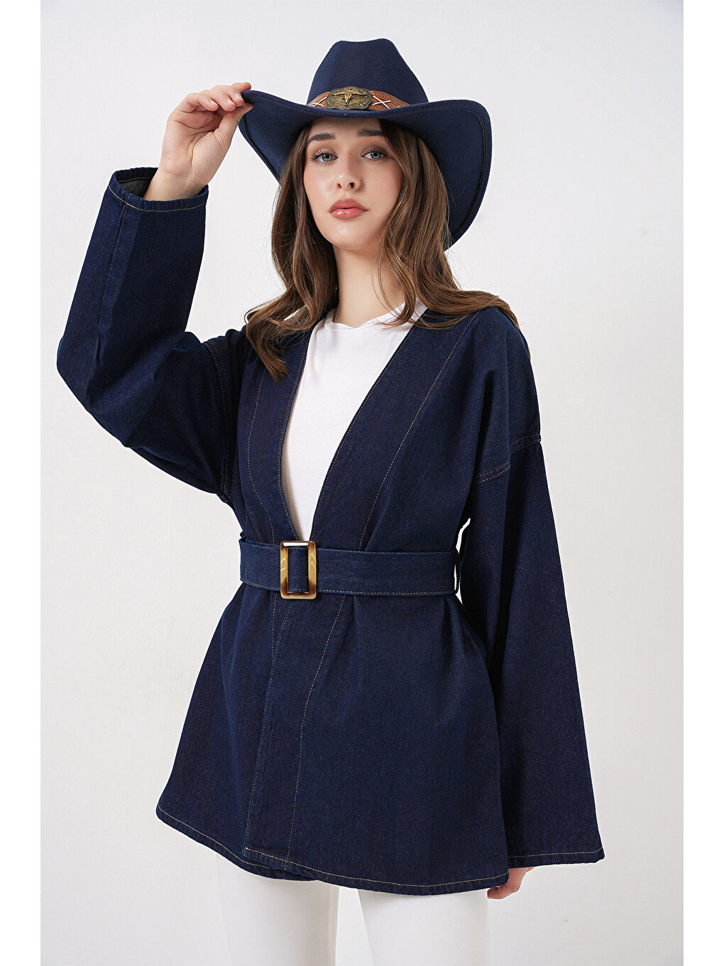 Kadın Kemerli Jean Ceket Tunik 5985 - Lacivert-4