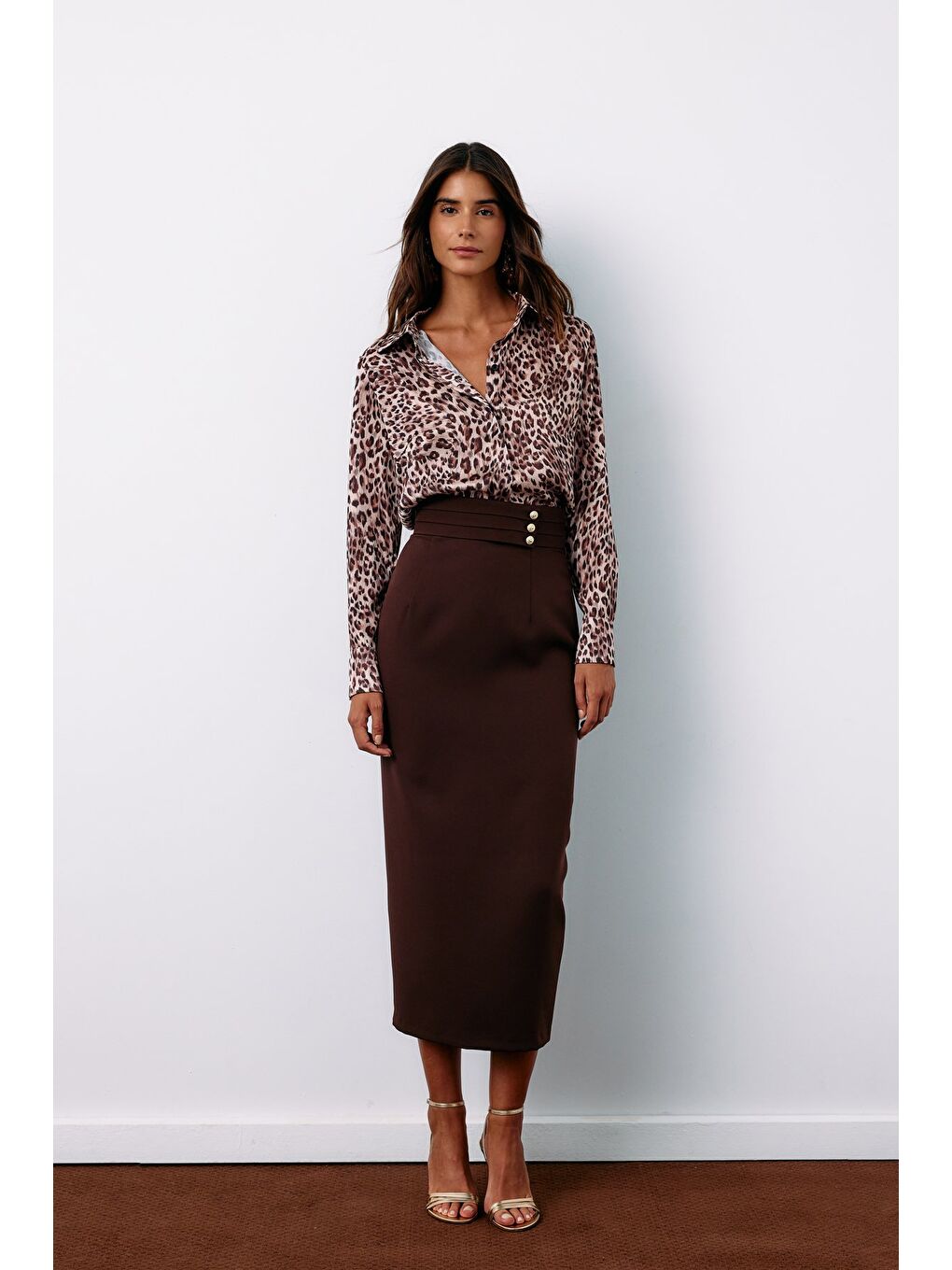 Kahverengi Düğme Detaylı Midi Etek - Kahve-2
