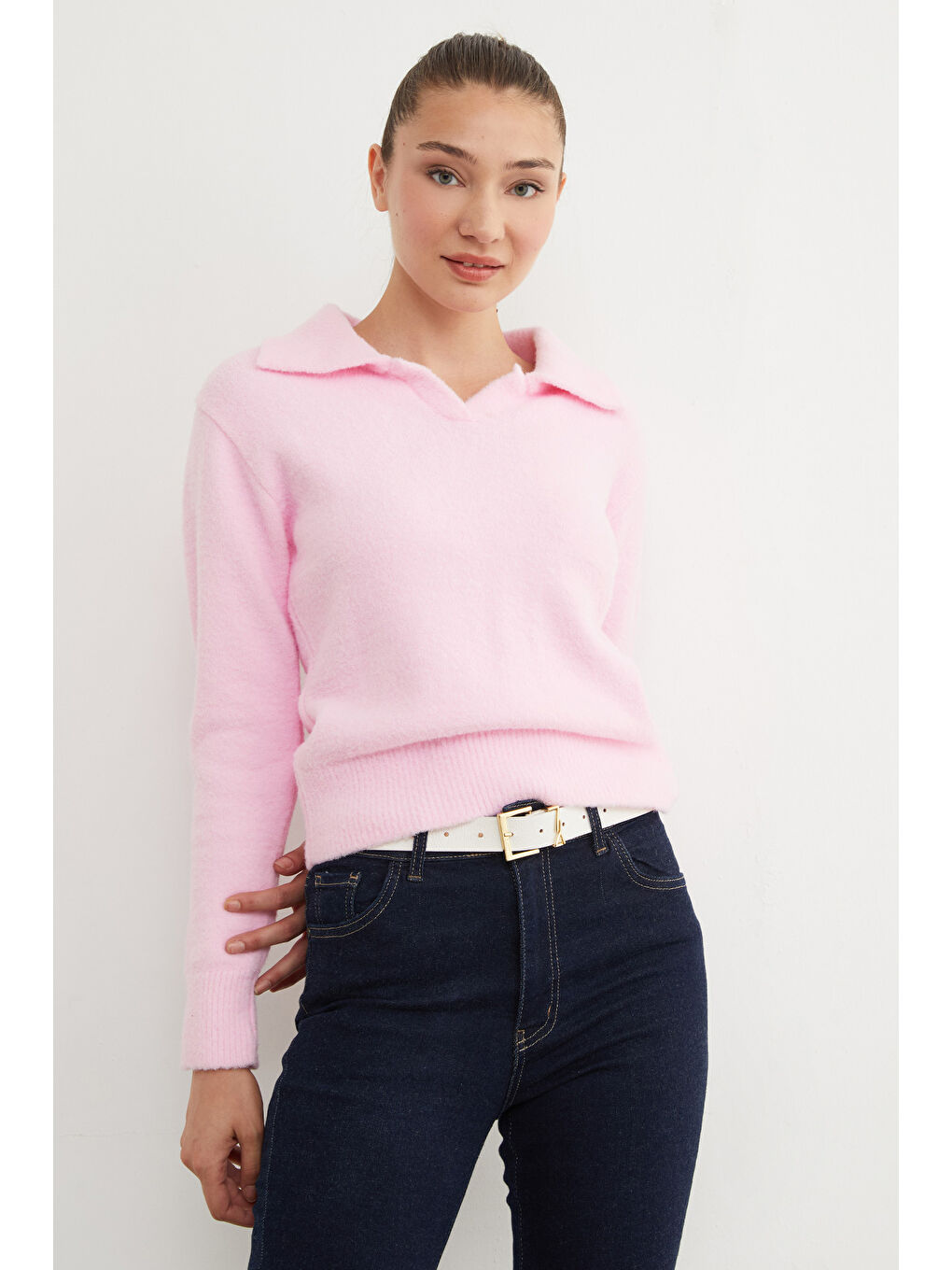 Pembe Basic Gömlek Yaka Sakallı Kazak-2