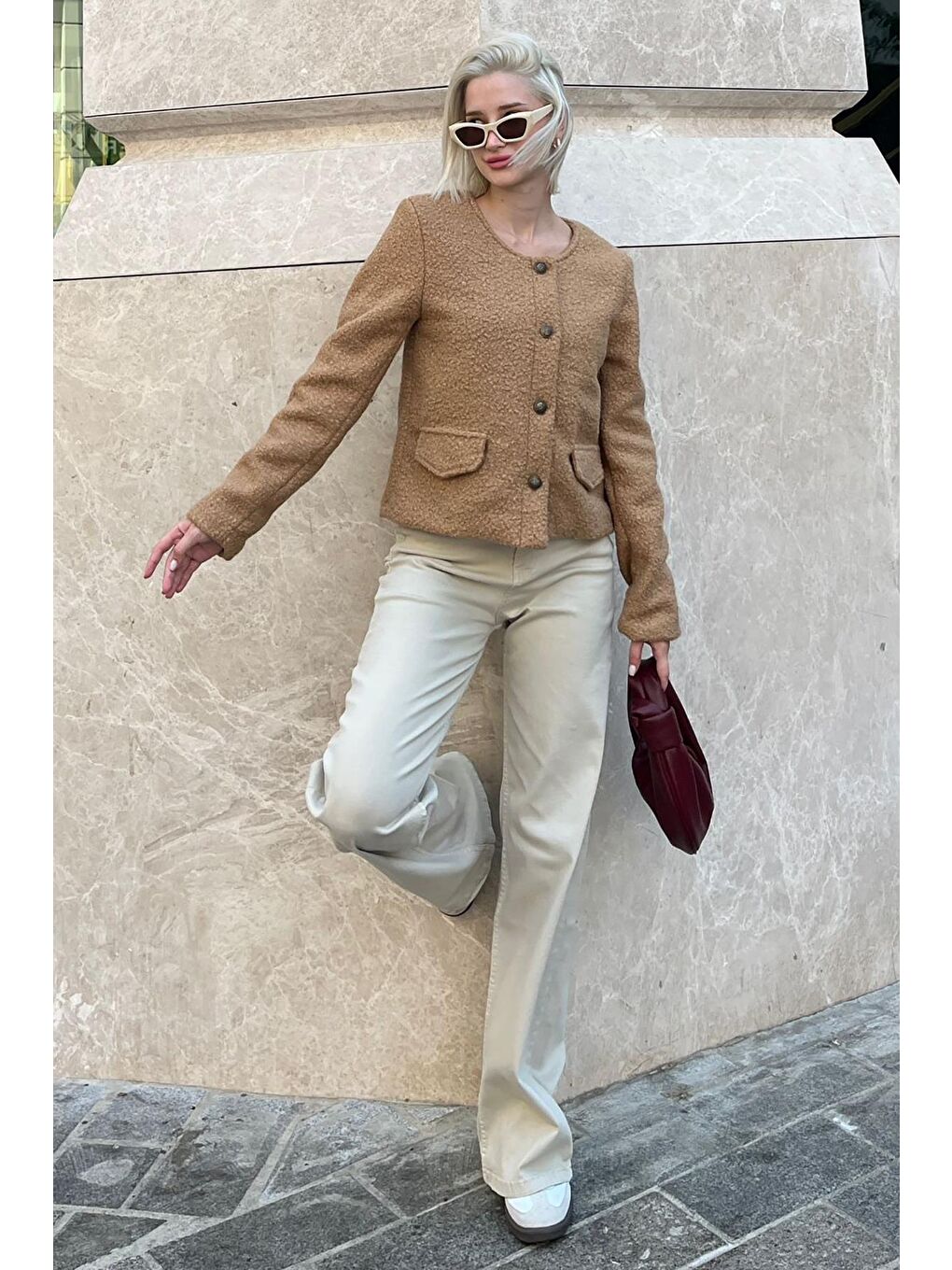 Bej Vizon Düğmeli Buklet Triko Cep Detaylı Ceket Mg2170-4