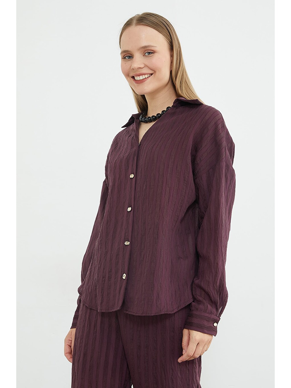 Mürdüm Şeritli Arkası Uzun Oversize 2 Li Takım-4