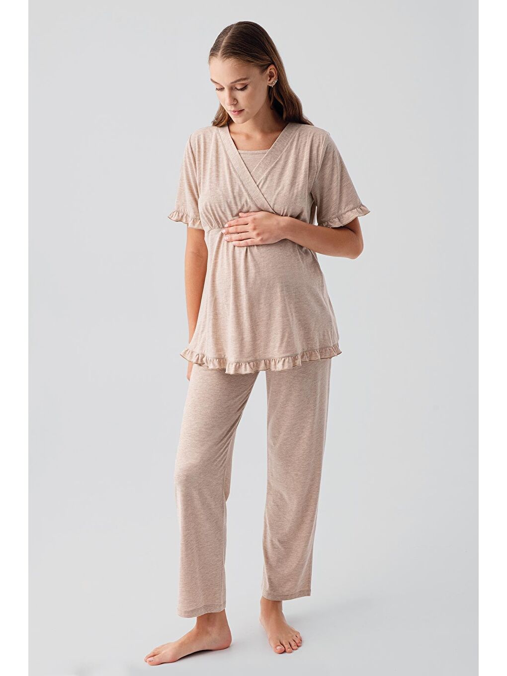 Kahverengi Kısa Kollu Emzirme Bölmeli Ayarlanabilir Bel Pamuklu Hamile Pijama Takım 19218-1