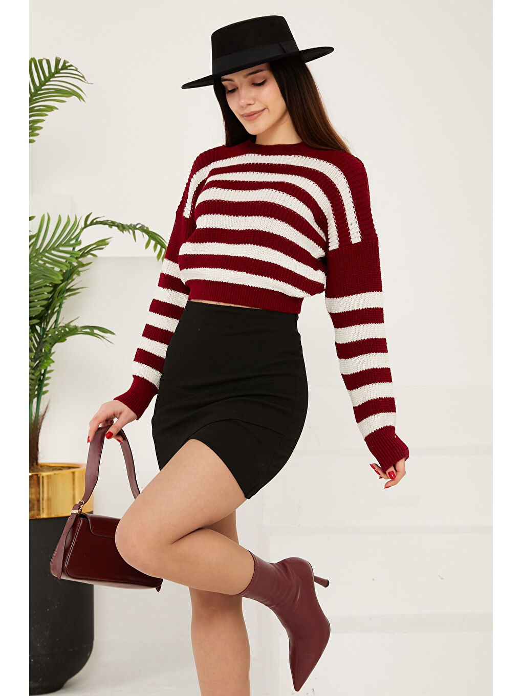 Çizgili Triko Crop Bordo - 27649-3