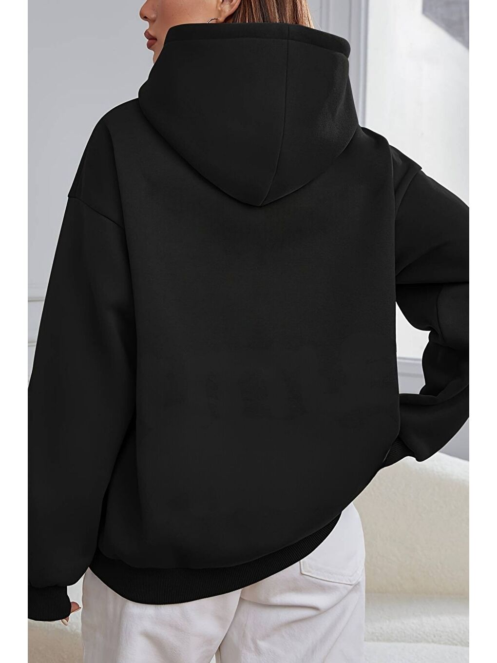 Trendseninle Kadın Siyah Düz Oversize Kapüşonlu Sweatshirt Hoodie - 1