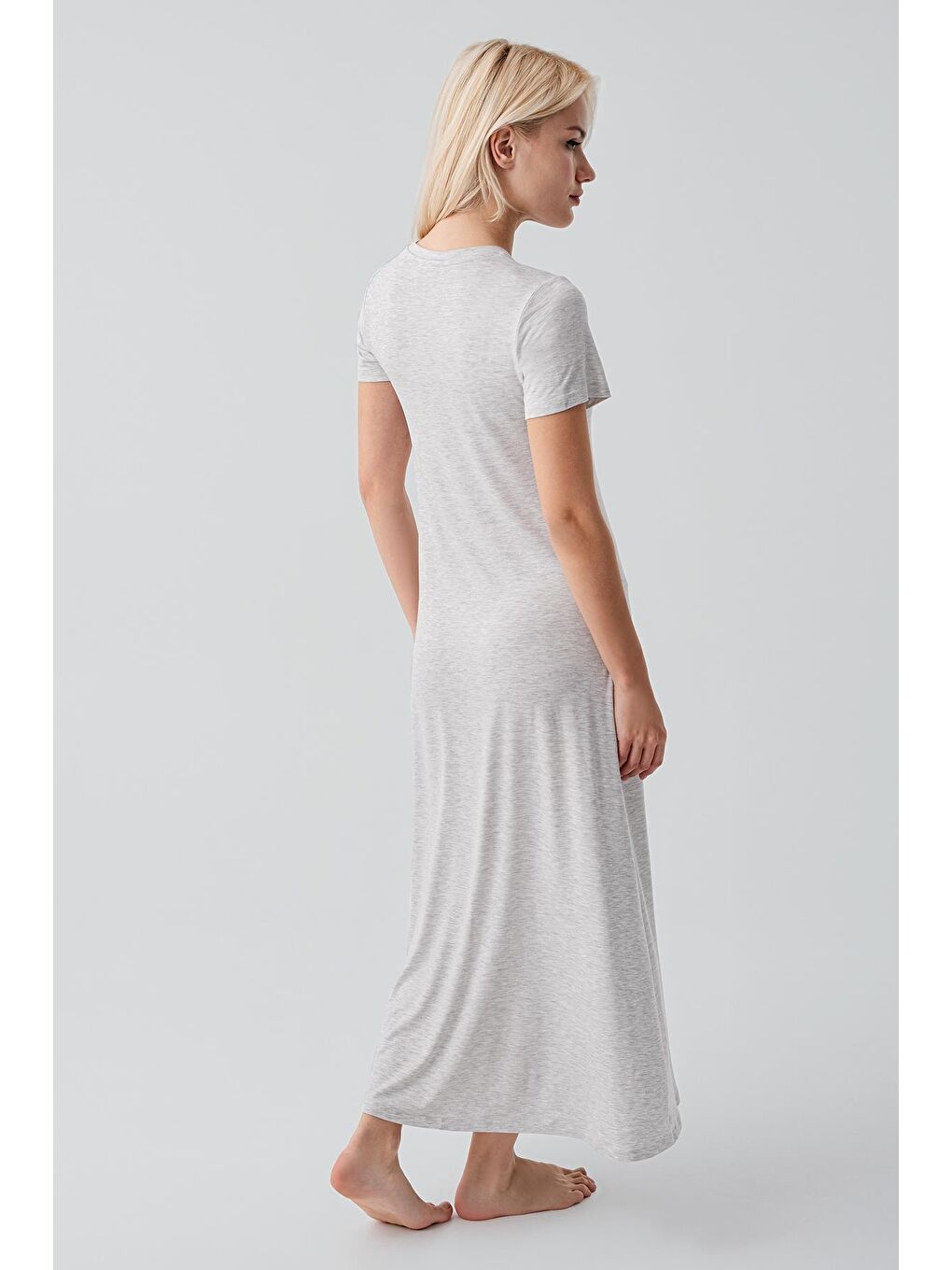 Gri Kısa Kollu Uzun Basic Rahat Günlük Elastanlı Esnek Viskoz Soft Elbise 19110-4