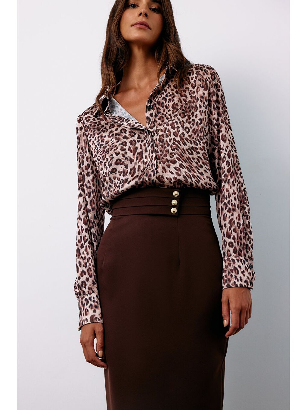 Kahverengi Düğme Detaylı Midi Etek - Kahve-4