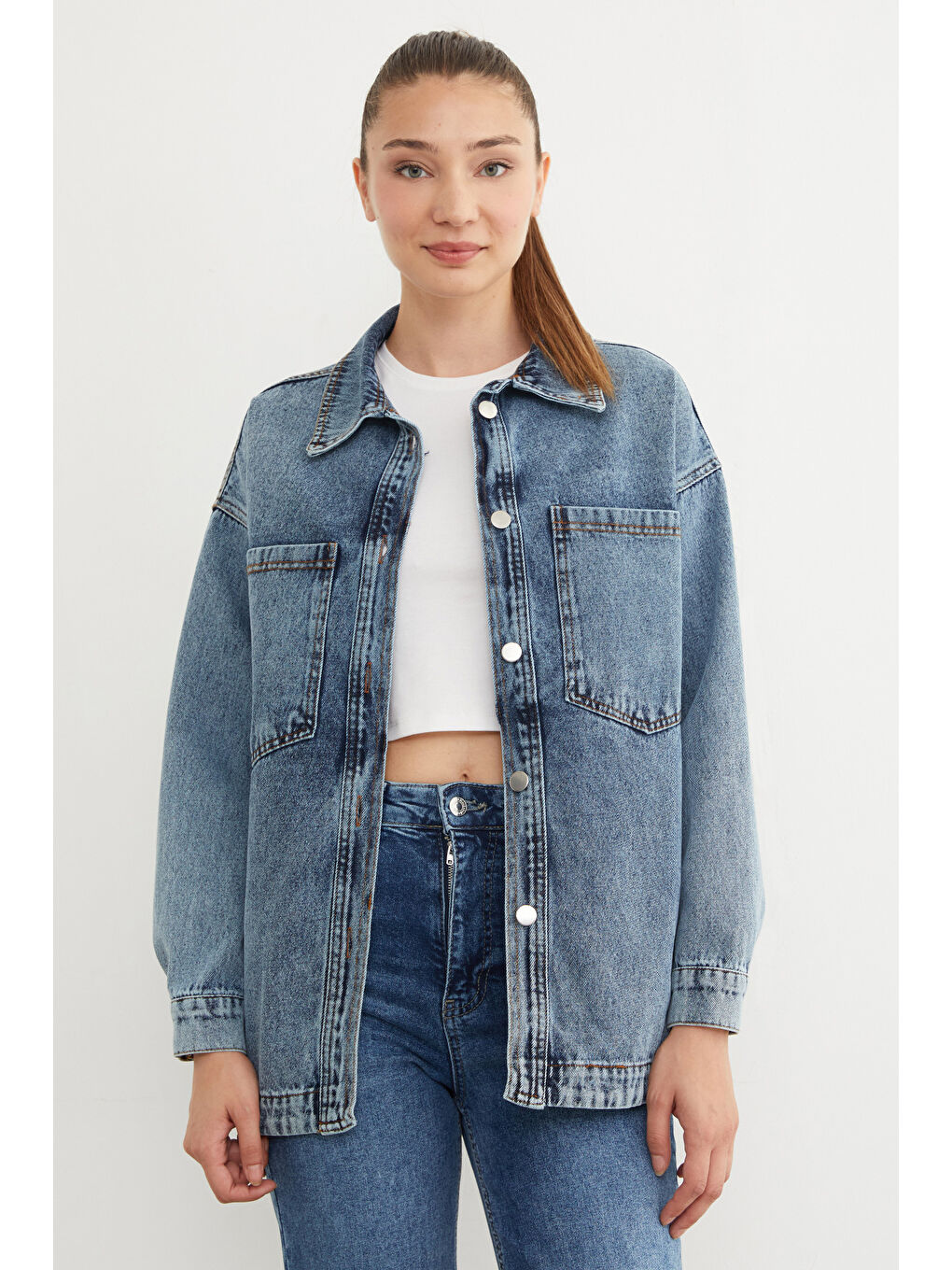 Mavi Çift Cepli Çıtçıtlı Oversize Jean Ceket-2