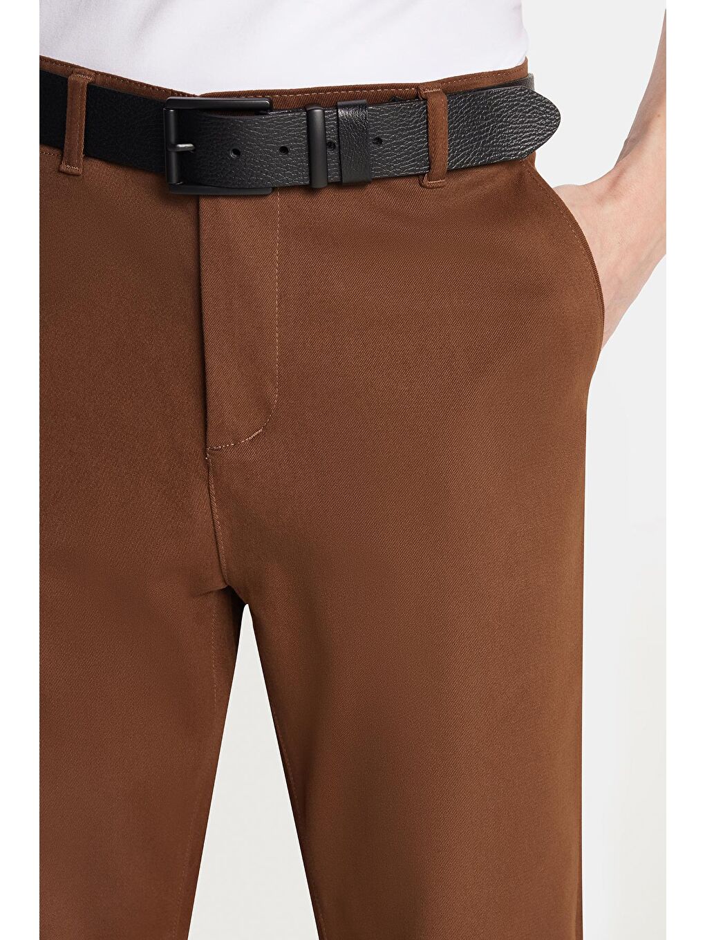 Erkek Slim Fit Chino Esnek Yandan Cepli Önü Fermuarlı Pamuklu Dokulu Kahverengi Pantolon-1