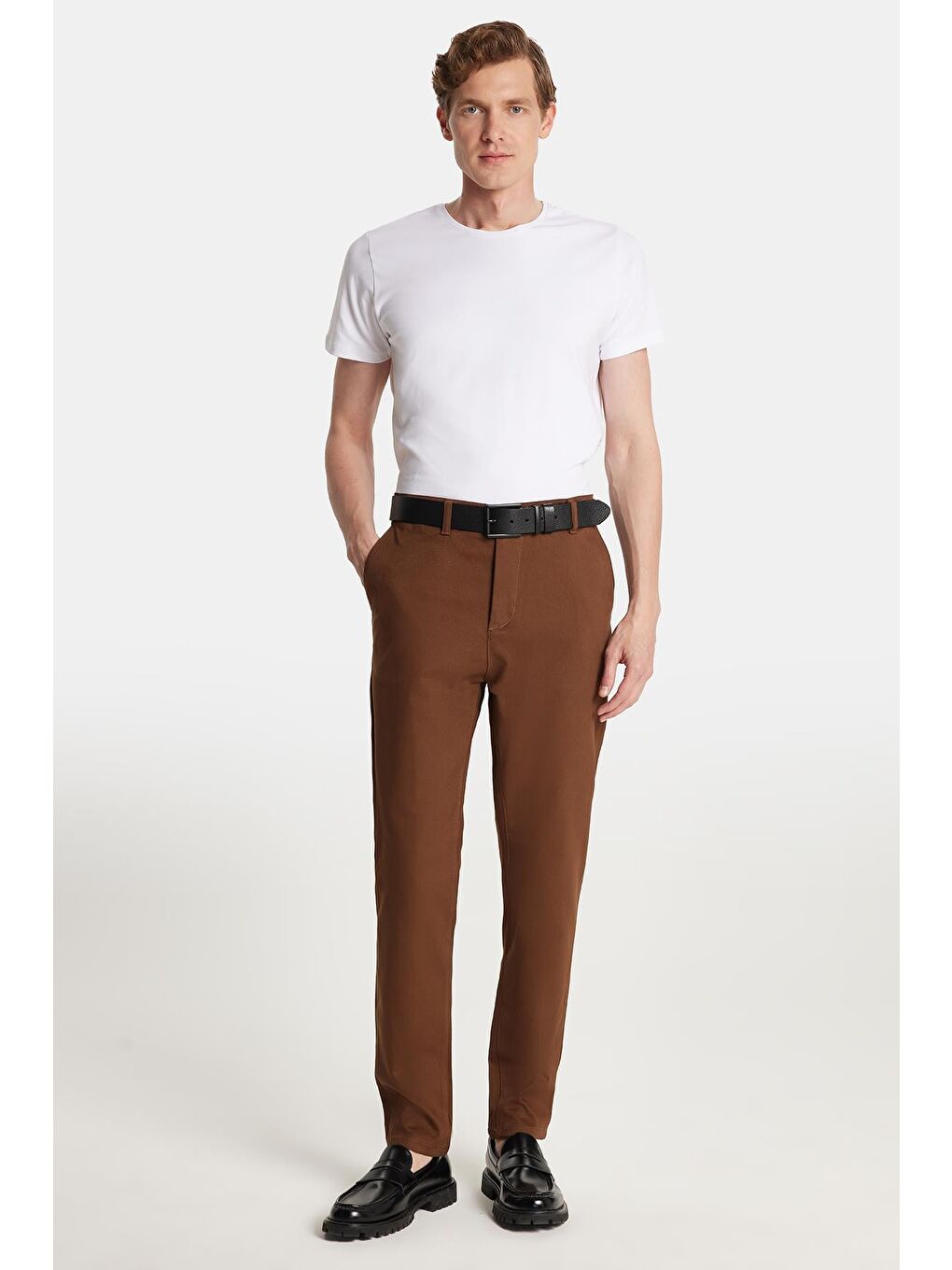 Erkek Slim Fit Chino Esnek Yandan Cepli Önü Fermuarlı Pamuklu Dokulu Kahverengi Pantolon-2