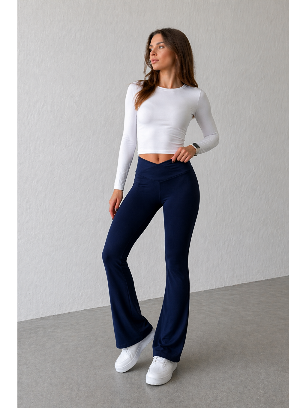 Lacivert Kadın Ekstra Yüksek Bel Toparlayıcı İspanyol Paça Ribana Kumaş Esnek Spor Rahat Günlük Tayt