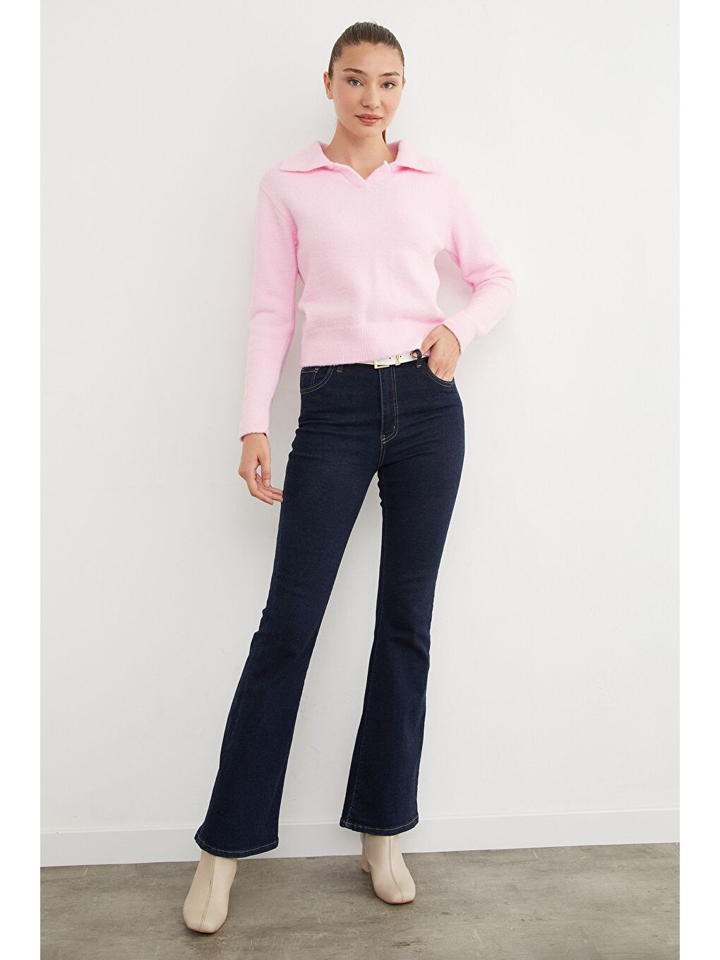 Pembe Basic Gömlek Yaka Sakallı Kazak-3