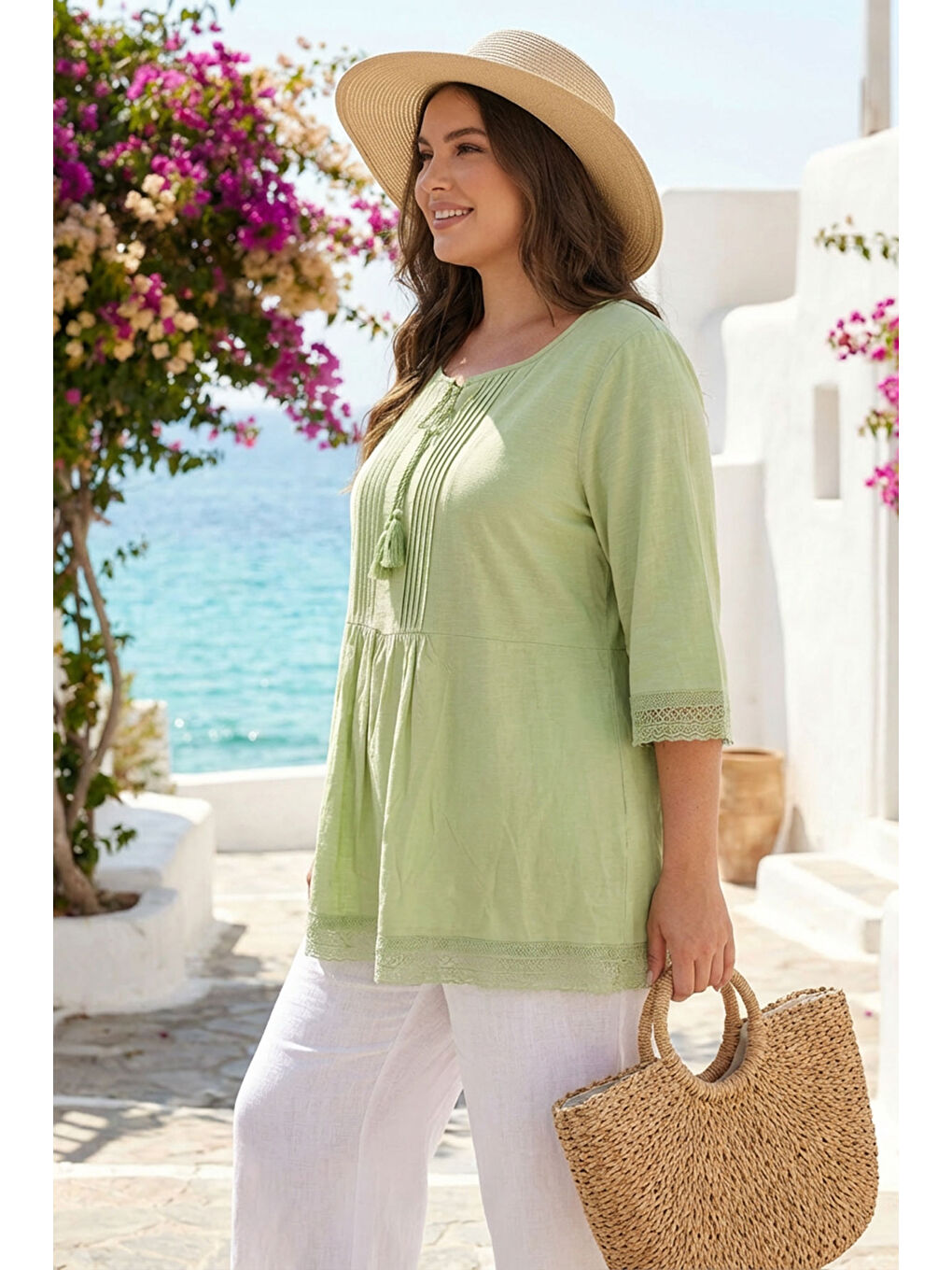 Yeşil Büyük Beden Yakası Bağlamalı Fakir Kol Dantelli Uzun T-shirt 10904116-1