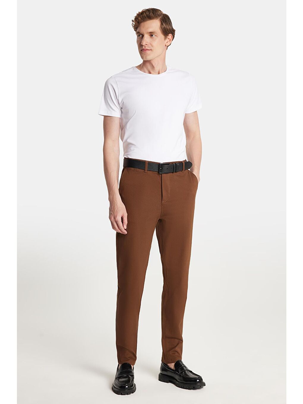 Erkek Slim Fit Chino Esnek Yandan Cepli Önü Fermuarlı Pamuklu Dokulu Kahverengi Pantolon-3