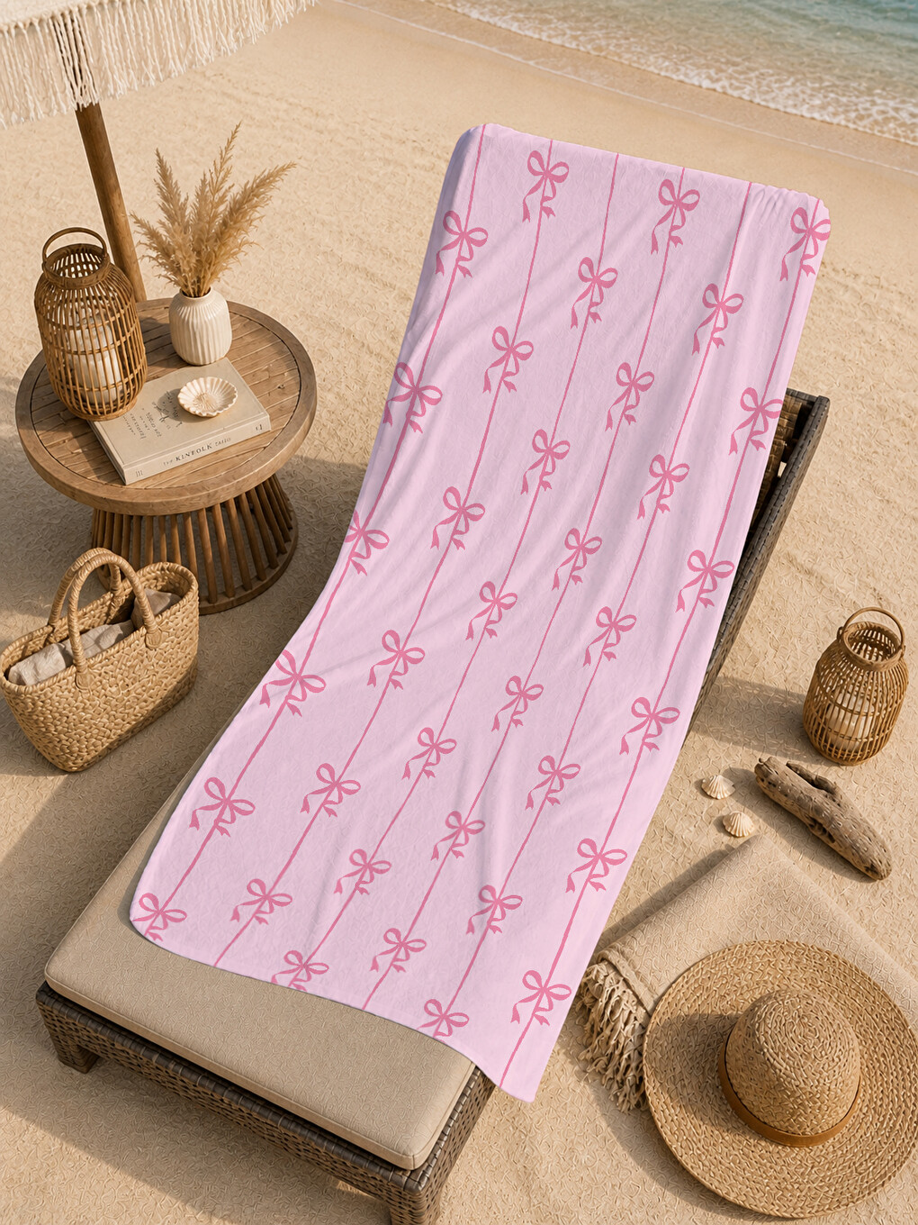 Pembe Çizgili Mini Fiyonk Desenli 70x150 Cm Dijital Baskılı Plaj Ve Banyo Havlusu-4