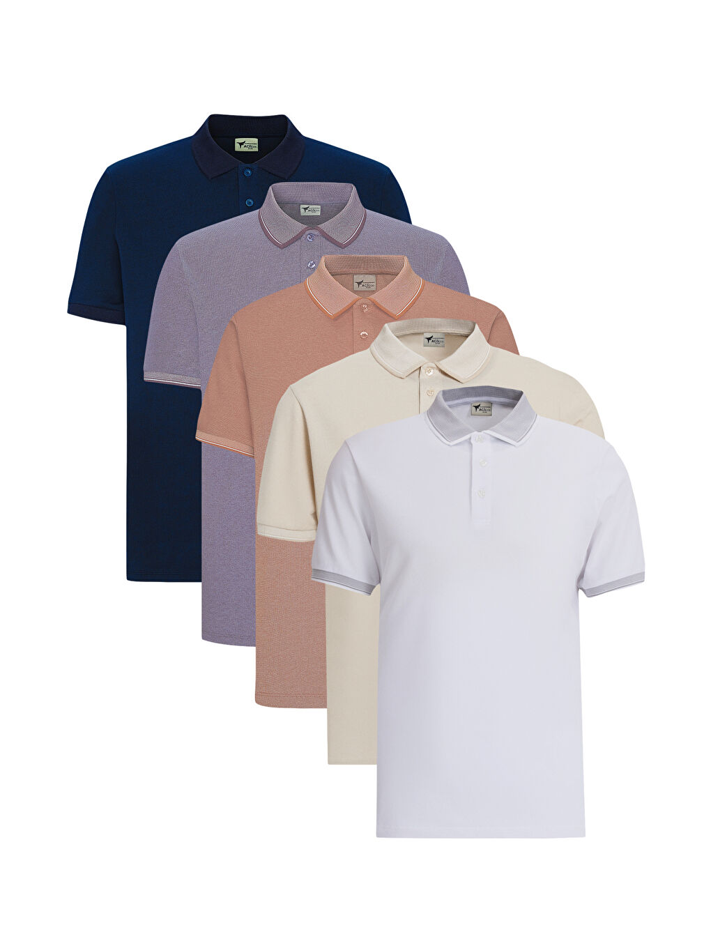 Beyaz Erkek BEYAZ-LACIVERT-ACIK BEJ-KIREMIT-MOR 5'li Paket  Pamuklu Kumaş Slim Fit Polo Yaka Tişört