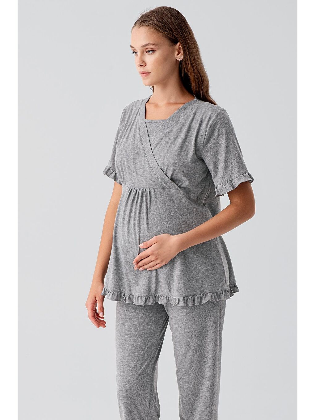 Gri Kısa Kollu Emzirme Bölmeli Ayarlanabilir Bel Pamuklu Hamile Pijama Takım 19218-3