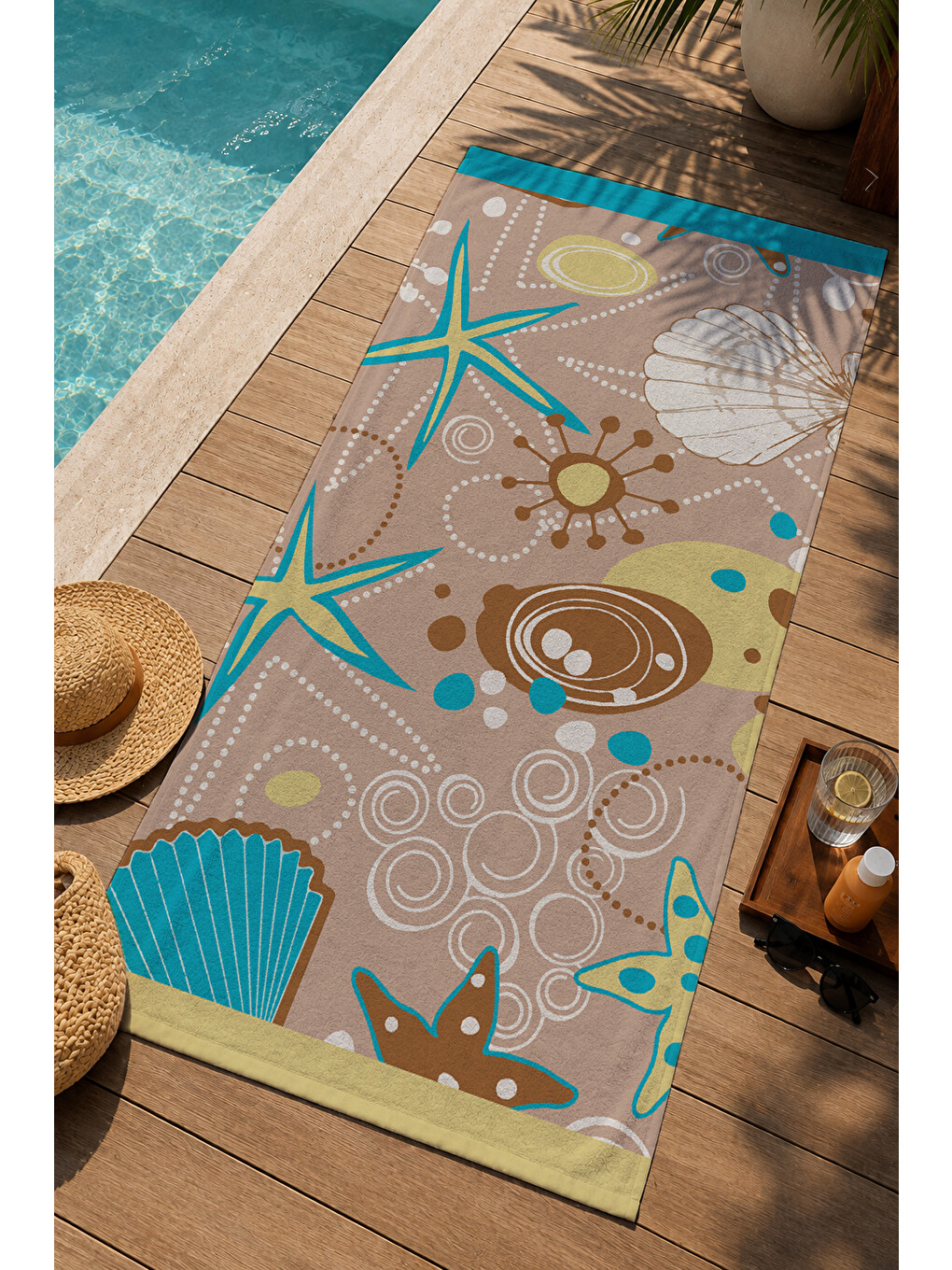 Bej Deniz Kabuğu Ve Yaz Motifleri Desenli 70x150 Cm Dijital Baskılı Plaj Ve Banyo Havlusu-2