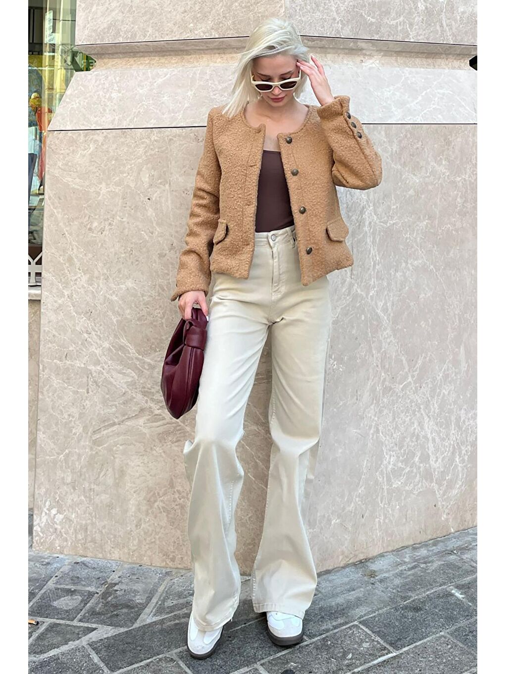 Bej Vizon Düğmeli Buklet Triko Cep Detaylı Ceket Mg2170-5