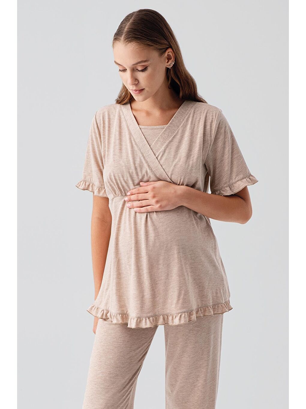 Kahverengi Kısa Kollu Emzirme Bölmeli Ayarlanabilir Bel Pamuklu Hamile Pijama Takım 19218-3