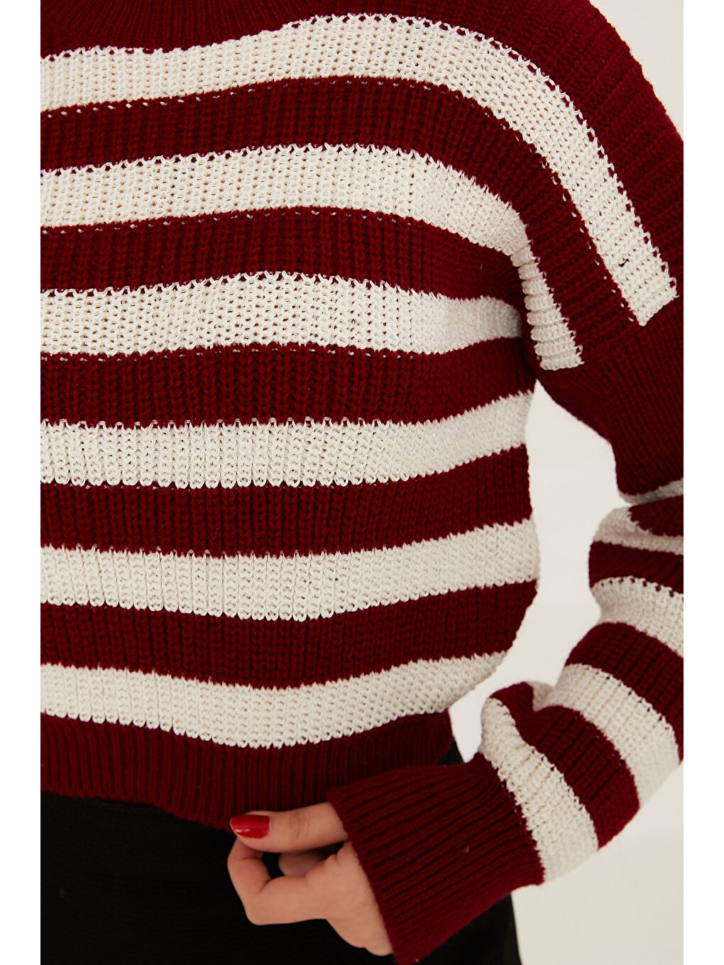 Çizgili Triko Crop Bordo - 27649-4