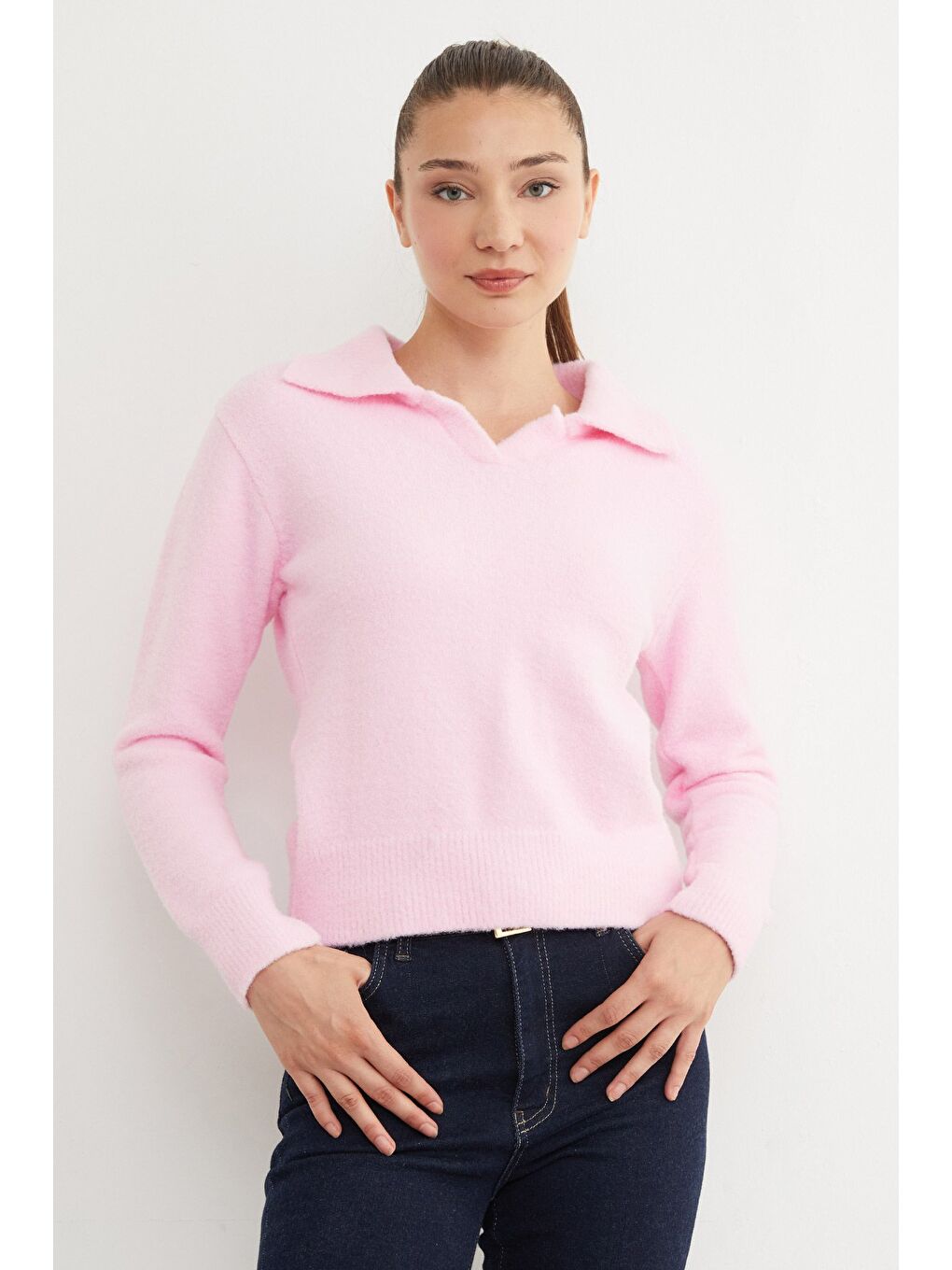 Pembe Basic Gömlek Yaka Sakallı Kazak-4