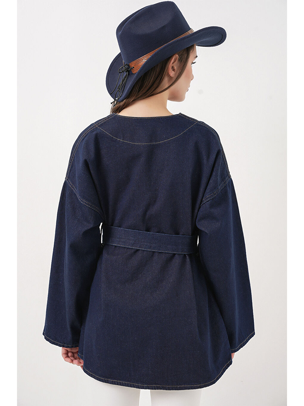 Kadın Kemerli Jean Ceket Tunik 5985 - Lacivert-6