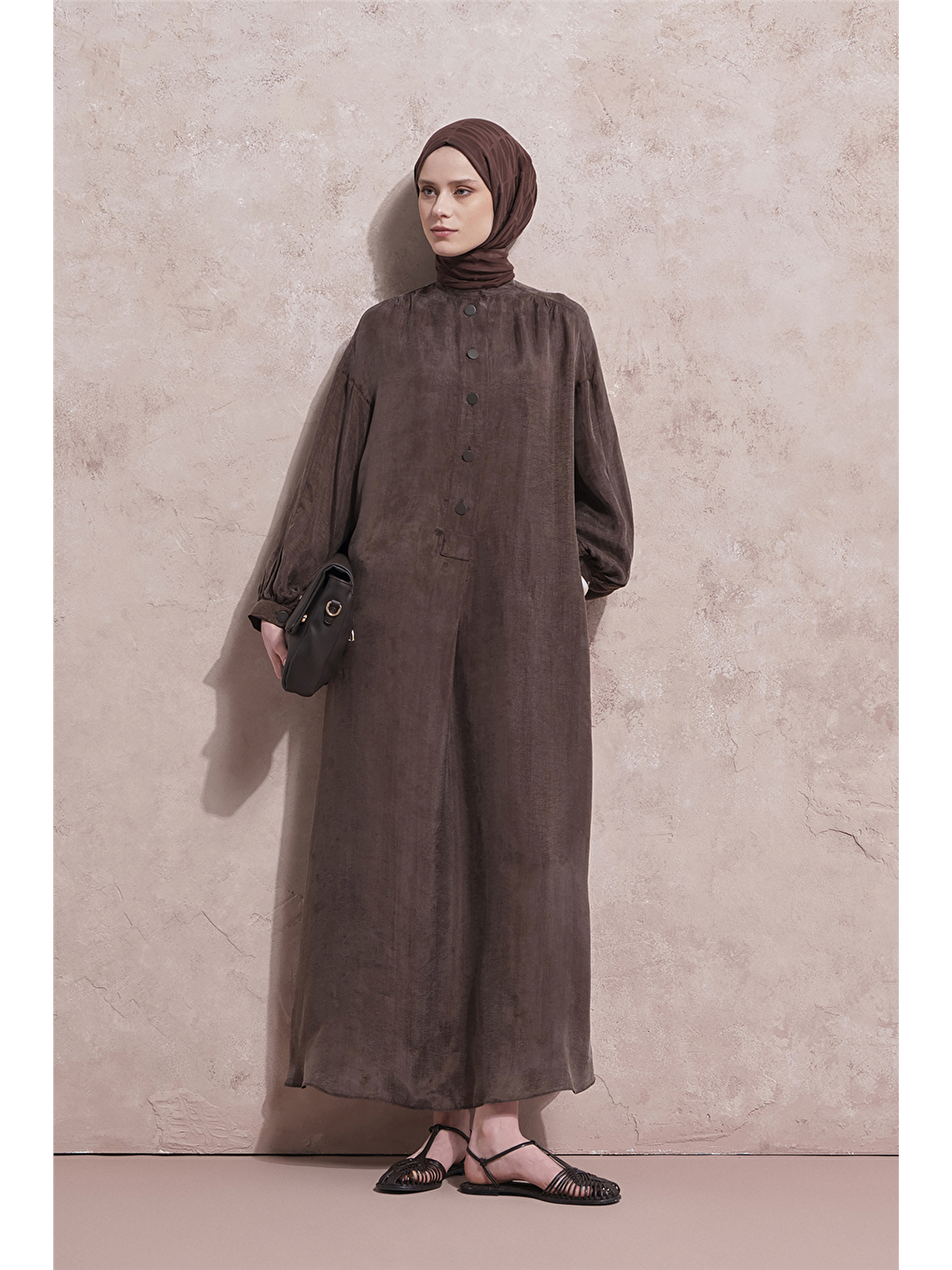 Kahverengi Oversize Kupra Elbise Kakao-1