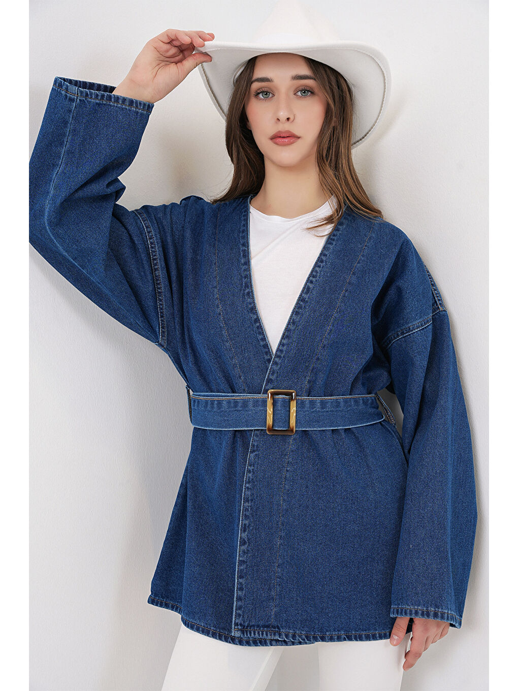 Kadın Kemerli Jean Ceket Tunik 5985 - Mavi