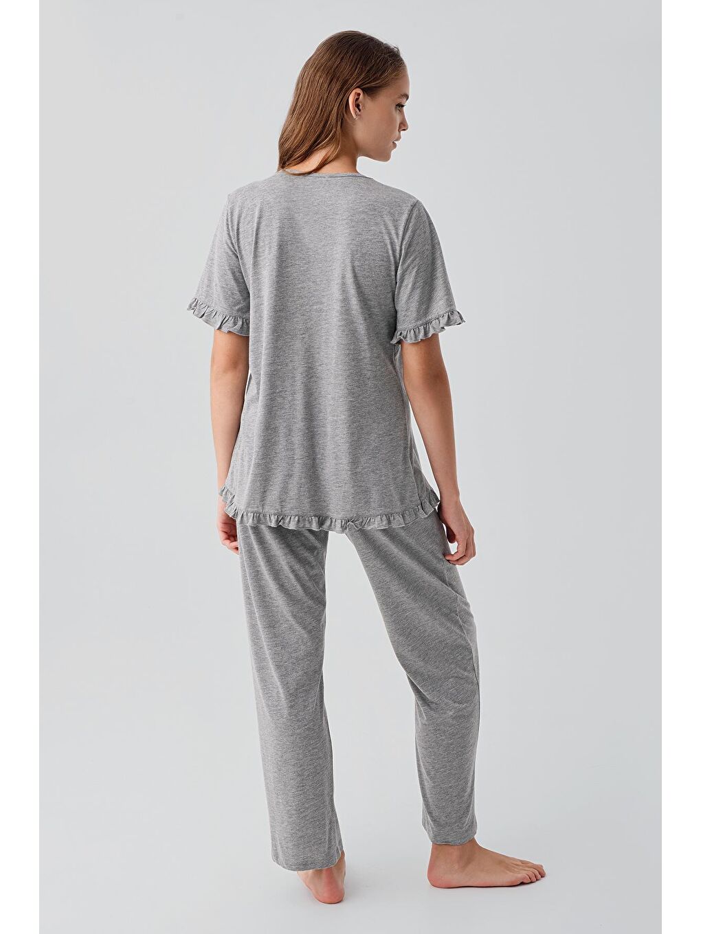 Gri Kısa Kollu Emzirme Bölmeli Ayarlanabilir Bel Pamuklu Hamile Pijama Takım 19218-4