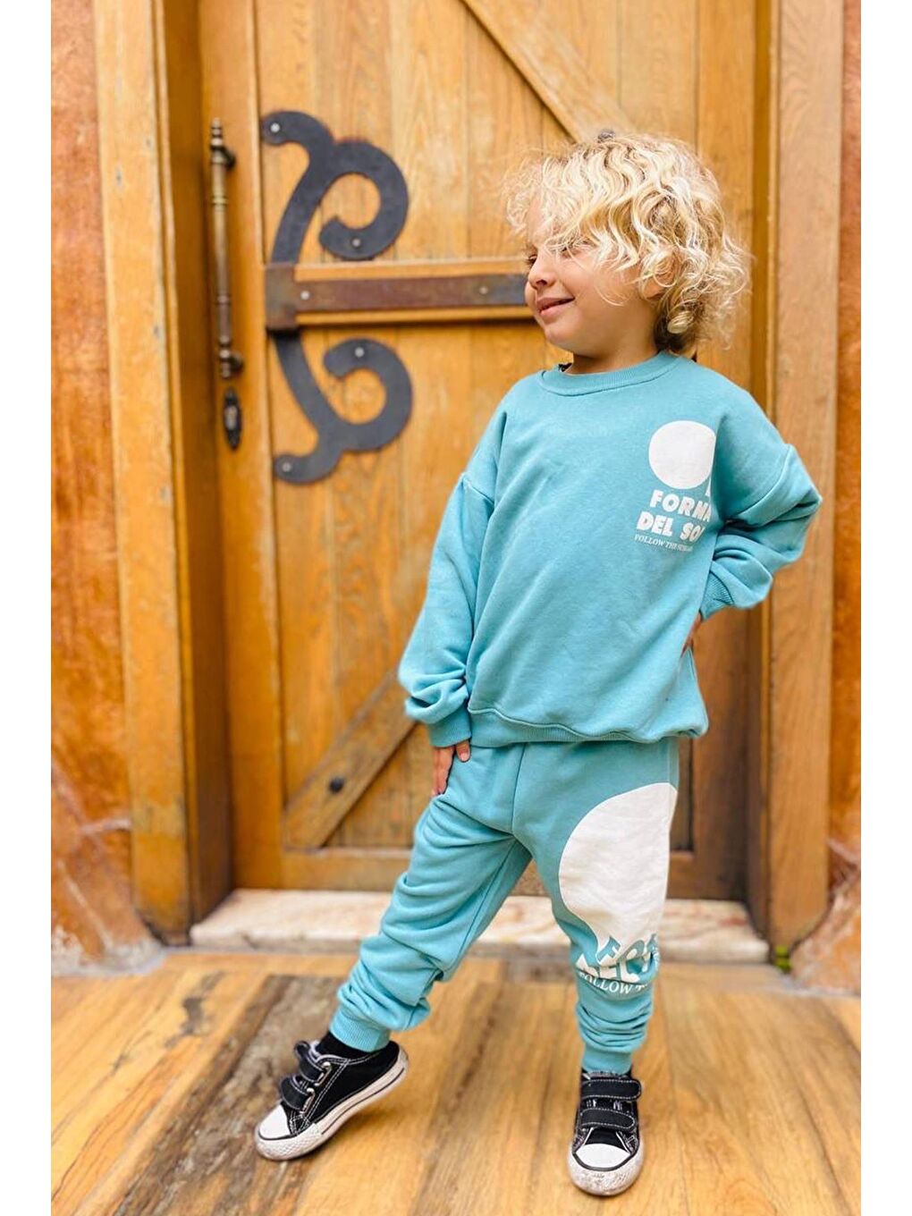 Turkuaz Erkek Çocuk 3 İplik Pamuklu Kumaş Baskılı Sweatshirt Ve Eşofman Altı Alt Üst Takım