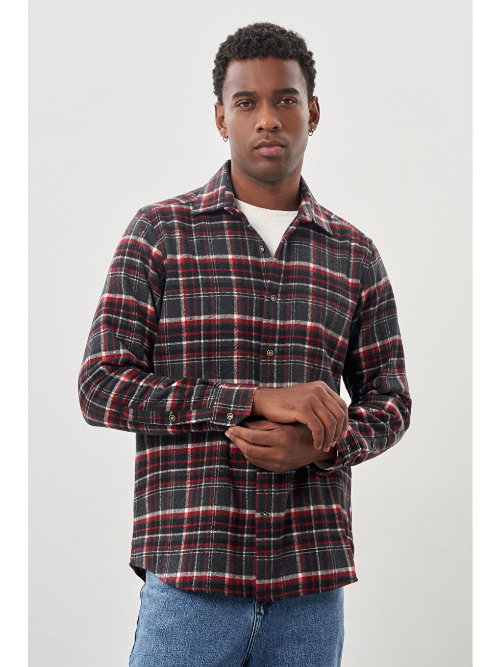 Kırmızı Vişne Yünlü Ekose Desen Yumuşak Yaka Cepsiz Uzun Kol Casual Comfort Fit Gömlek 1004245227