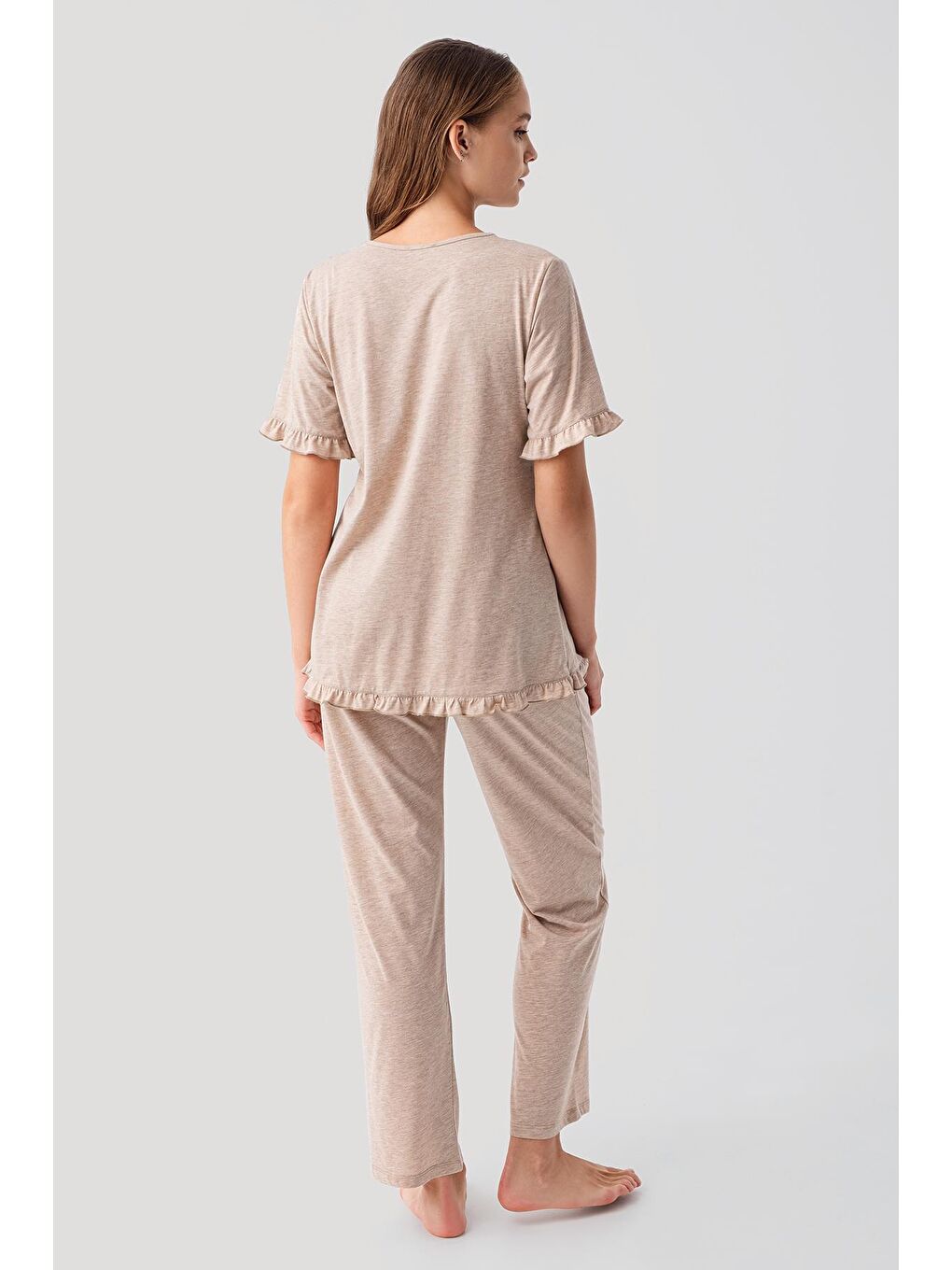 Kahverengi Kısa Kollu Emzirme Bölmeli Ayarlanabilir Bel Pamuklu Hamile Pijama Takım 19218-4