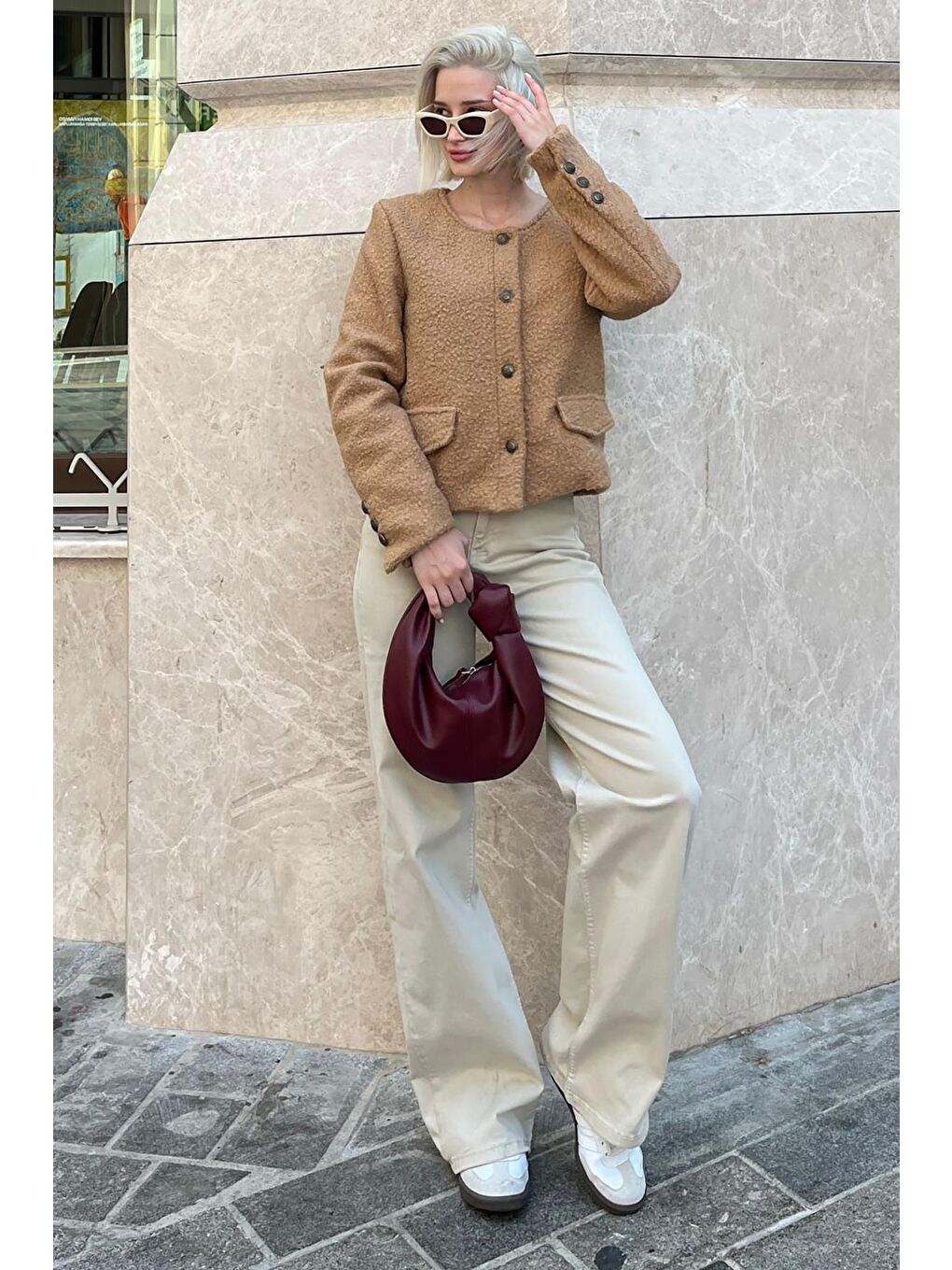 Bej Vizon Düğmeli Buklet Triko Cep Detaylı Ceket Mg2170-6